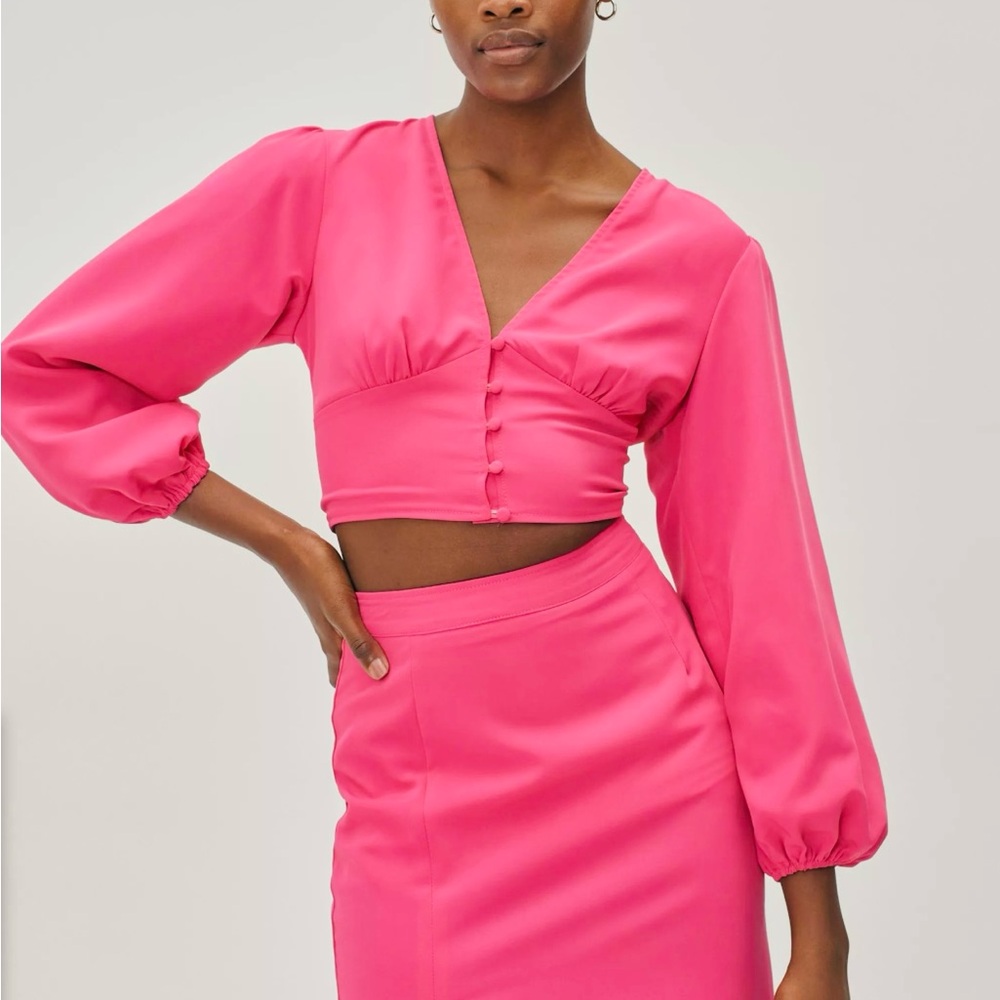 Vibrant Pink Balloon Long Sleeve V Neck Blouse Top with Button Detail